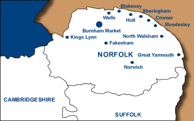 Map of East Anglia & Norfolk, Burnham Market, Wells, Blakeney, Sheringham, Cromer.